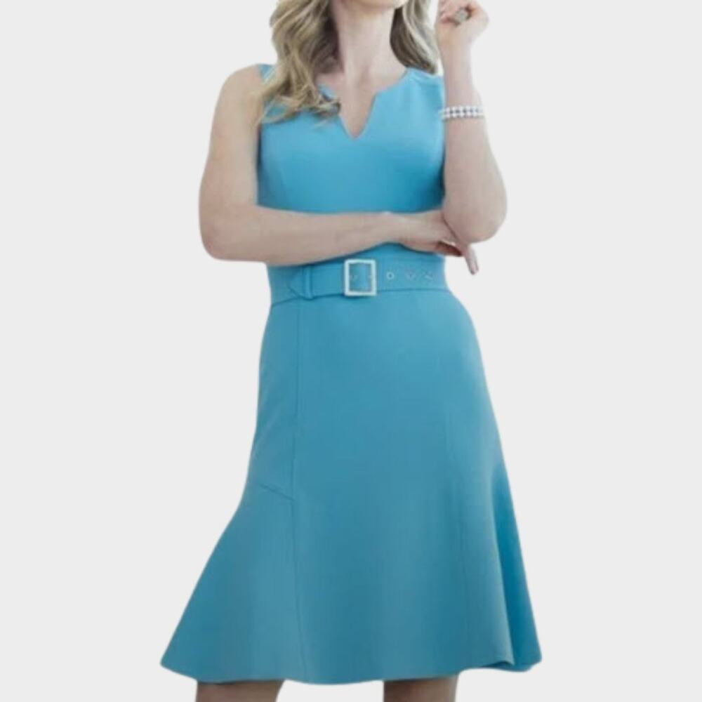 WHITE HOUSE BLACK MARKET Women's Blue Oasis Flare Belted Dress Teal Size 4